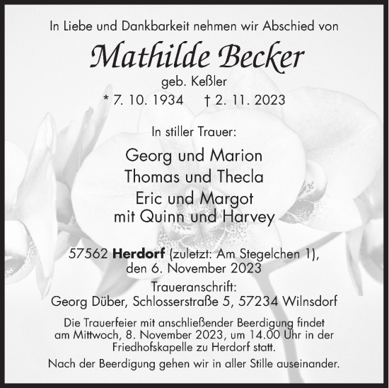 Traueranzeige von Mathilde Becker von Siegener Zeitung