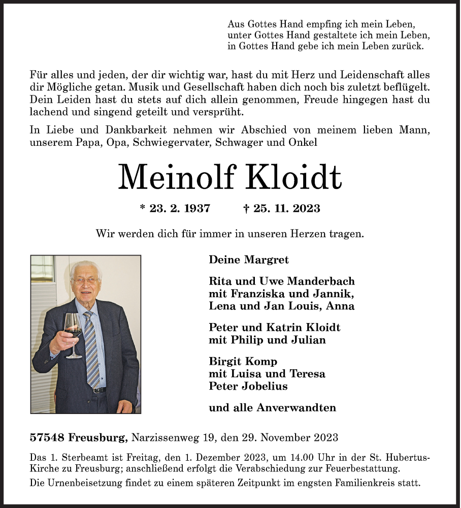  Traueranzeige für Meinolf Kloidt vom 29.11.2023 aus Siegener Zeitung