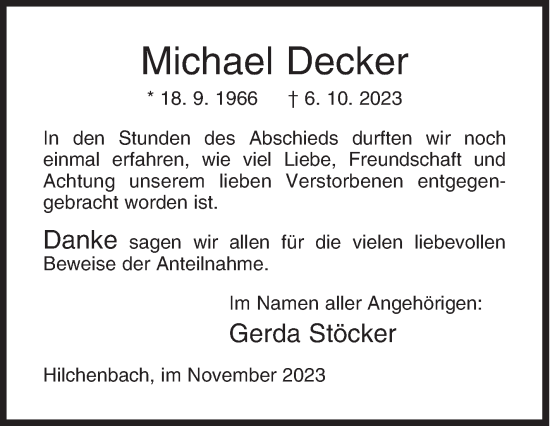 Traueranzeige von Michael Decker von Siegener Zeitung