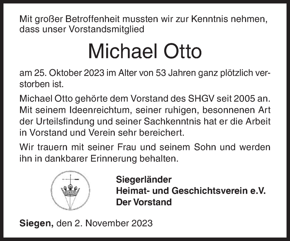  Traueranzeige für Michael Otto vom 02.11.2023 aus Siegener Zeitung