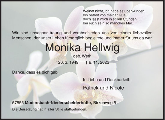 Traueranzeige von Monika Hellwig von Siegener Zeitung