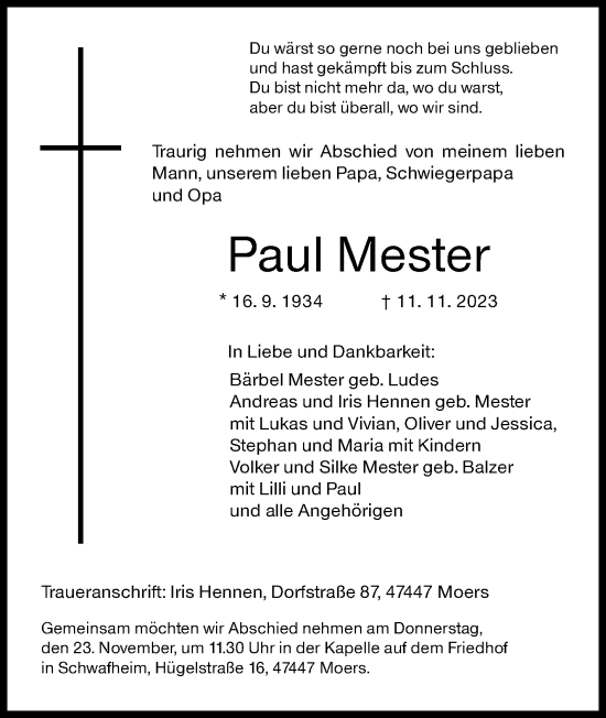 Traueranzeige von Paul Mester von Siegener Zeitung