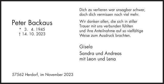 Traueranzeige von Peter Backaus von Siegener Zeitung