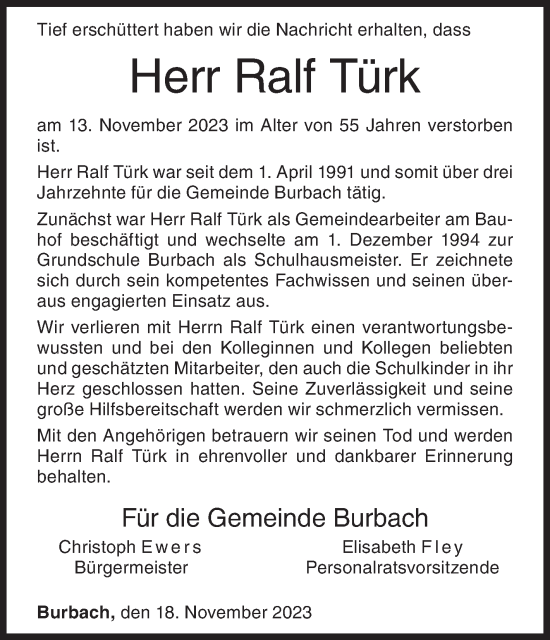 Traueranzeige von Ralf Türk von Siegener Zeitung