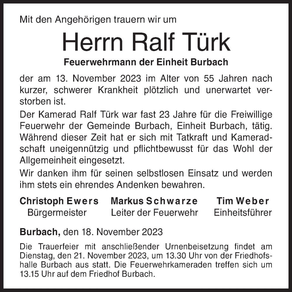 Traueranzeige für Ralf Türk vom 18.11.2023 aus Siegener Zeitung
