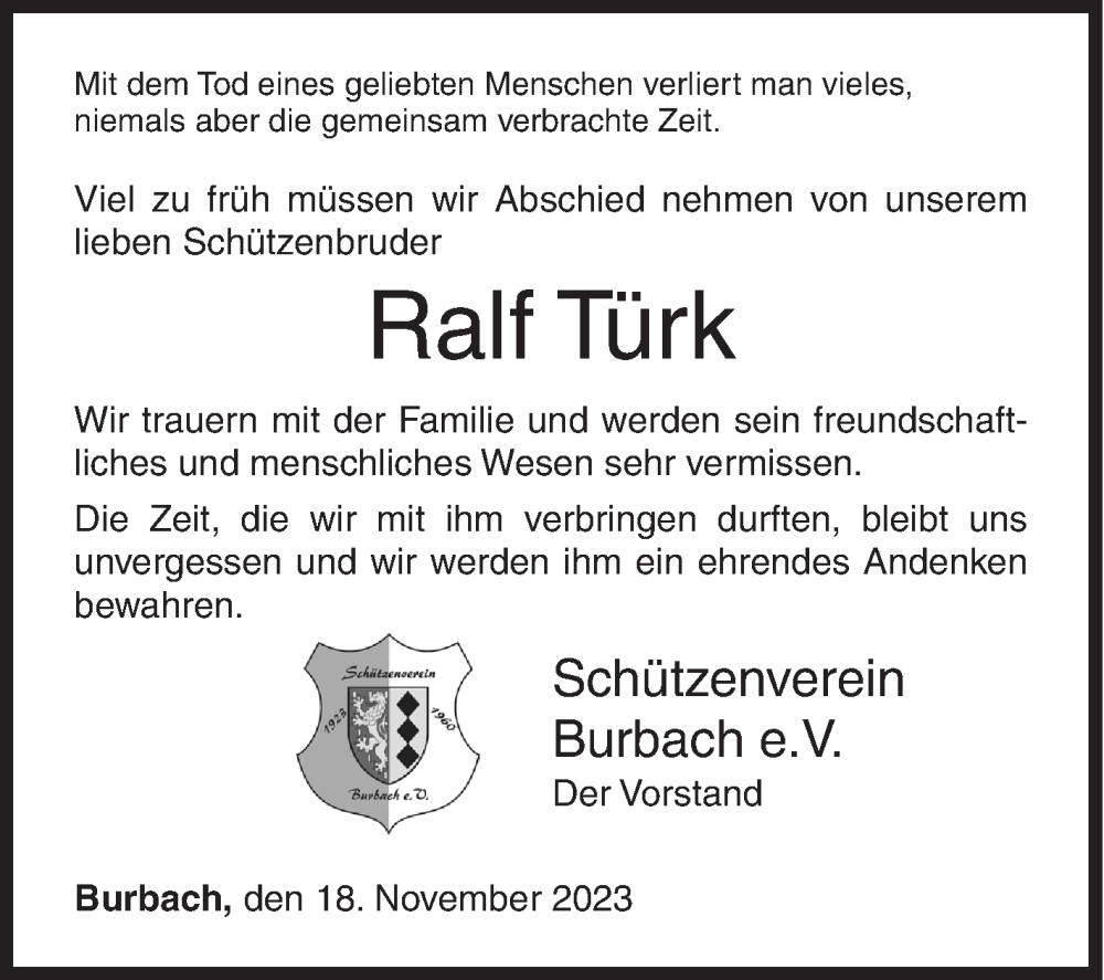  Traueranzeige für Ralf Türk vom 18.11.2023 aus Siegener Zeitung