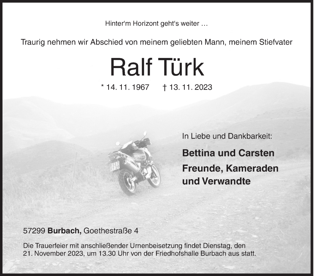  Traueranzeige für Ralf Türk vom 15.11.2023 aus Siegener Zeitung