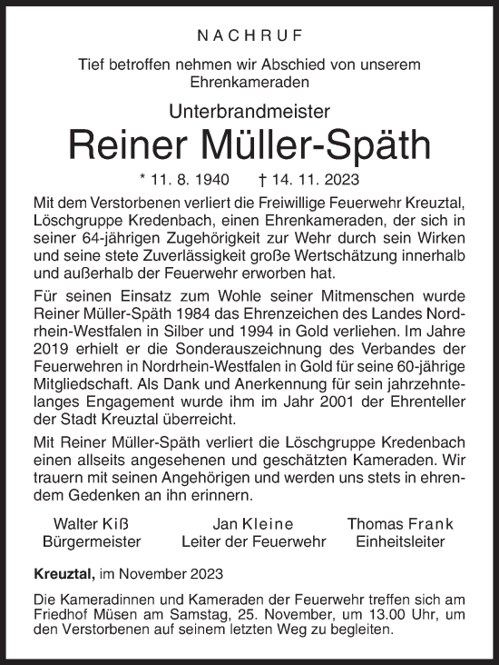 Traueranzeige von Reiner Müller-Späth von Siegener Zeitung
