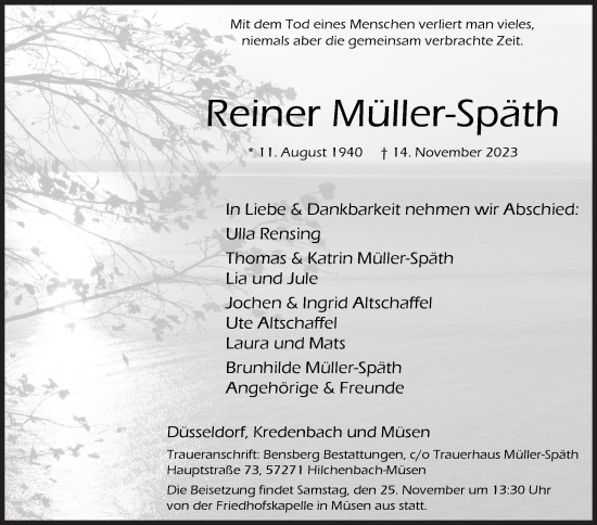 Traueranzeige von Reiner Müller-Späth von Siegener Zeitung