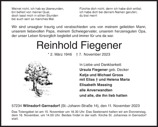Traueranzeige von Reinhold Fiegener von Siegener Zeitung