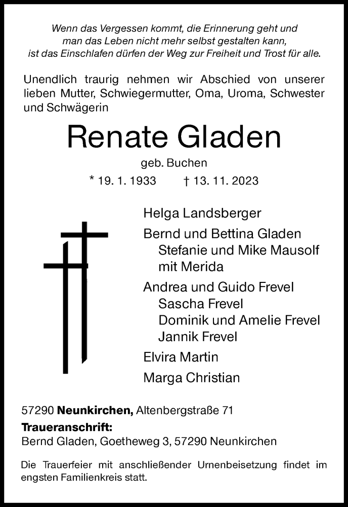  Traueranzeige für Renate Gladen vom 18.11.2023 aus Siegener Zeitung