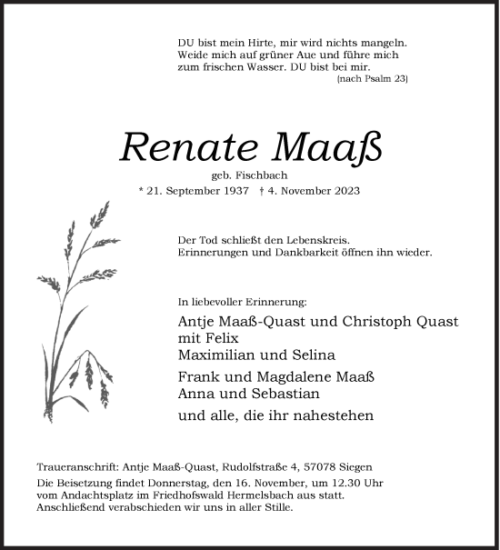 Traueranzeige von Renate Maaß von Siegener Zeitung