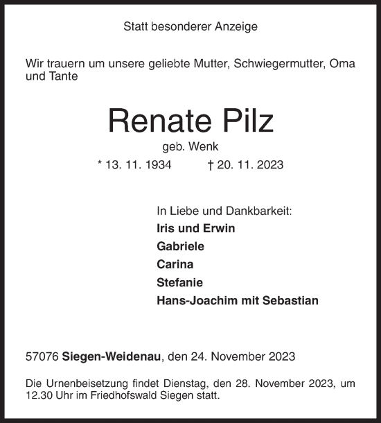 Traueranzeige von Renate Pilz von Siegener Zeitung