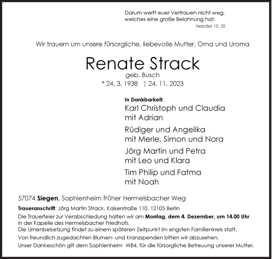 Traueranzeige von Renate Strack von Siegener Zeitung