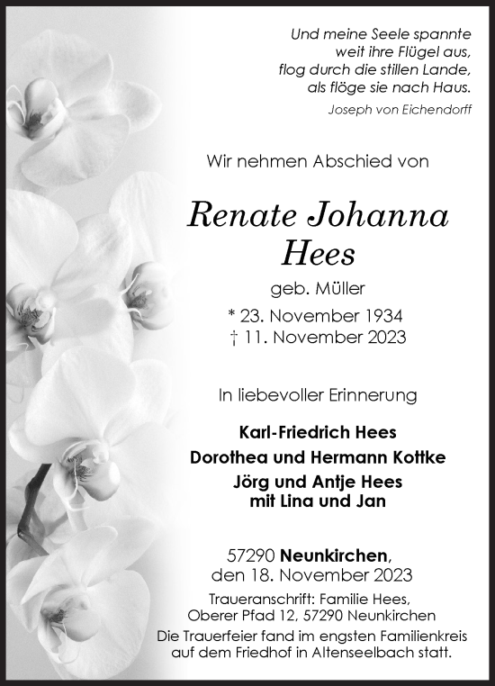 Traueranzeige von Renate Johanna Hees von Siegener Zeitung