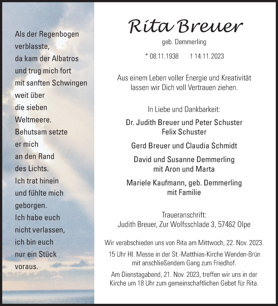  Traueranzeige für Rita Breuer vom 18.11.2023 aus Siegener Zeitung