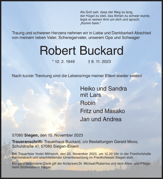 Traueranzeige von Robert Buckard von Siegener Zeitung