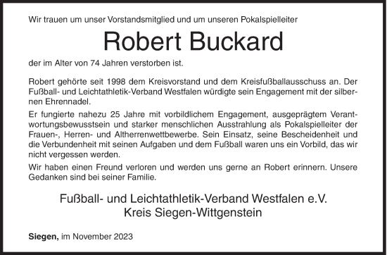 Traueranzeige von Robert Buckard von Siegener Zeitung