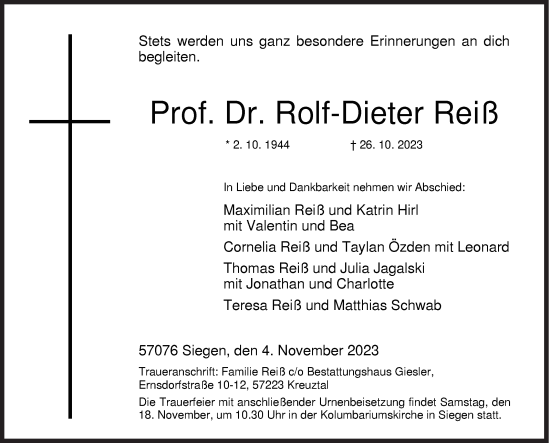 Traueranzeige von Rolf-Dieter Reiß von Siegener Zeitung