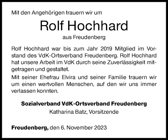 Traueranzeige von Rolf Hochhard von Siegener Zeitung