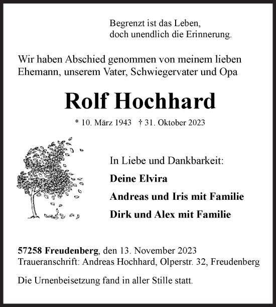 Traueranzeige von Rolf Hochhard von Siegener Zeitung