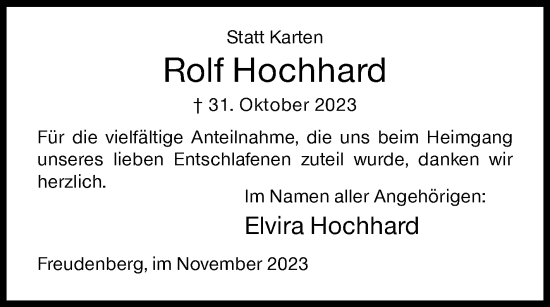Traueranzeige von Rolf Hochhard von Siegener Zeitung
