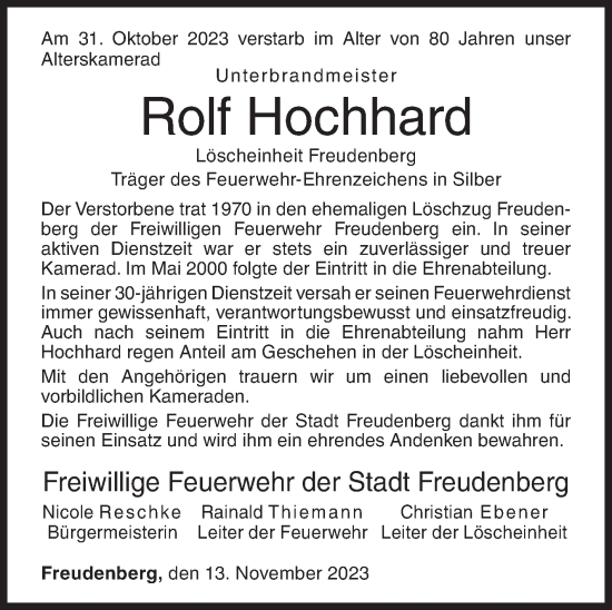 Traueranzeige von Rolf Hochhard von Siegener Zeitung