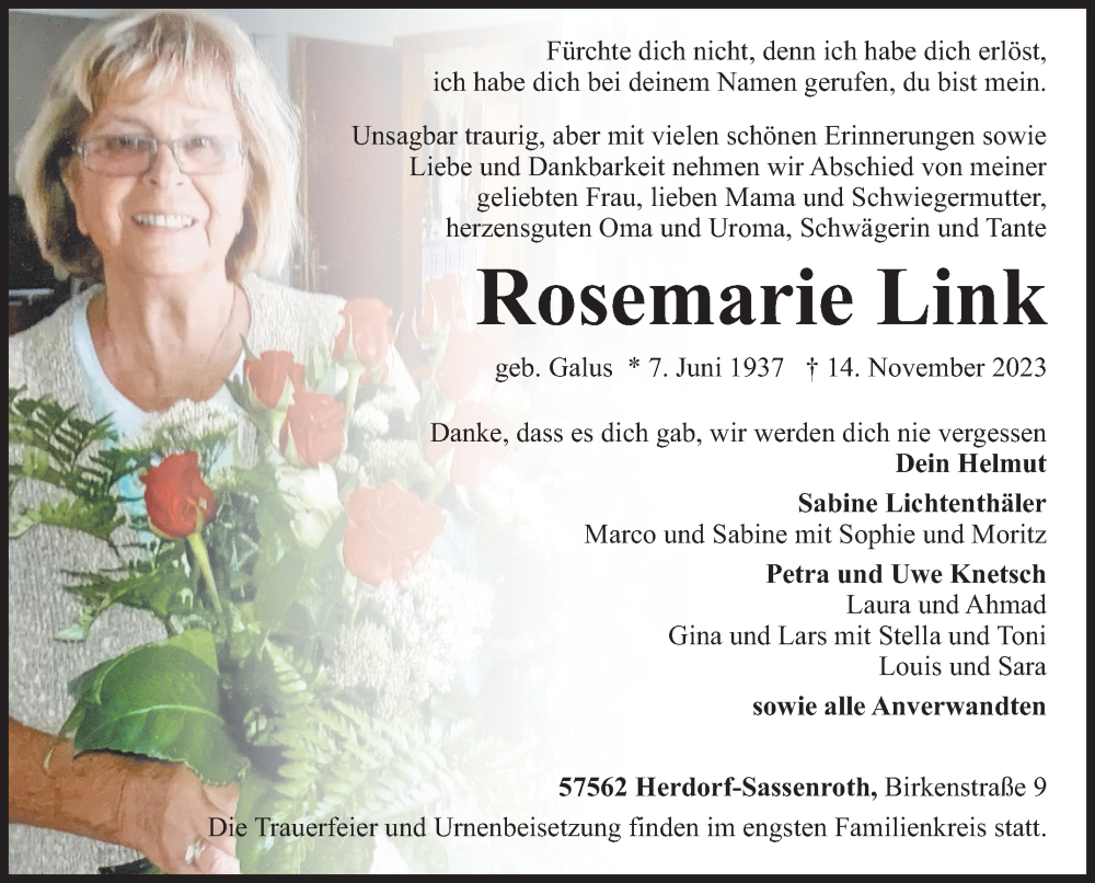  Traueranzeige für Rosemarie Link vom 18.11.2023 aus Siegener Zeitung
