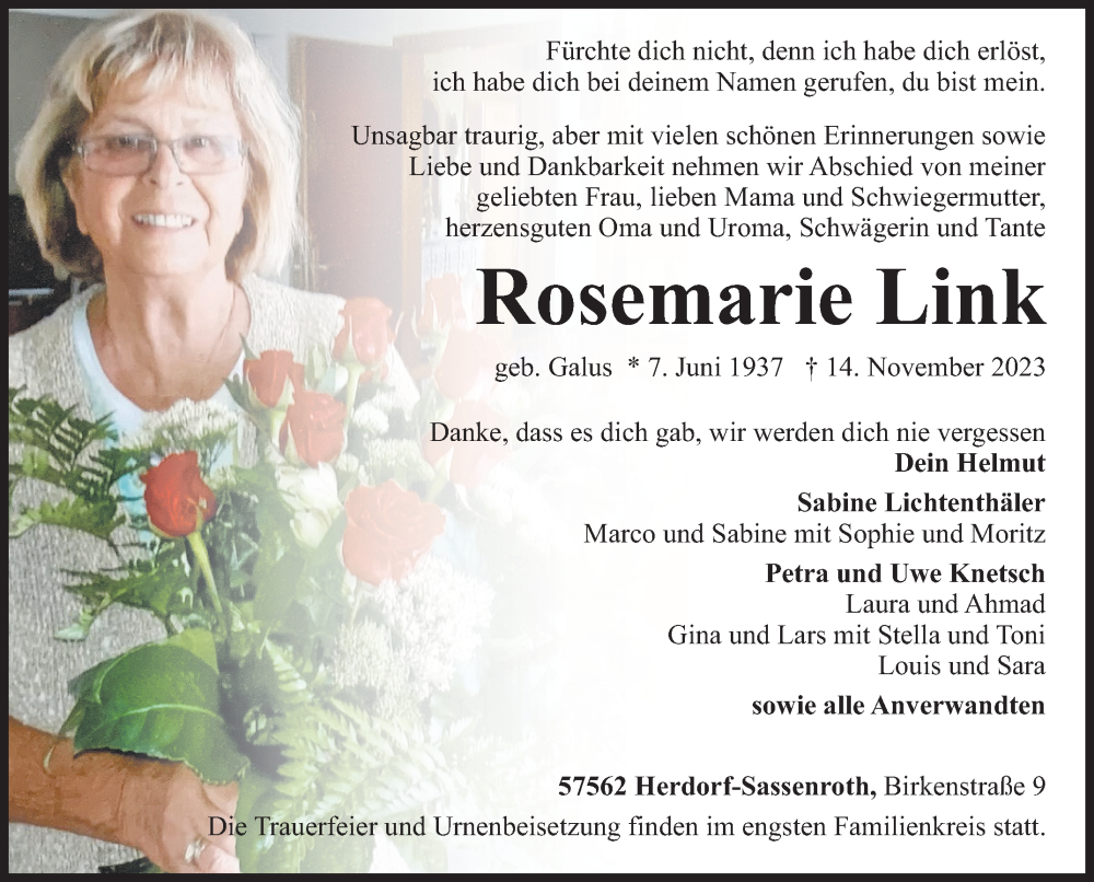 Traueranzeigen von Rosemarie Link | 57trauer.de