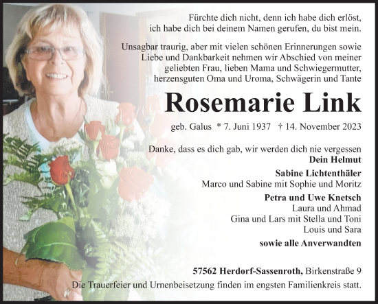 Traueranzeige von Rosemarie Link von Siegener Zeitung