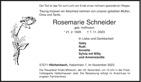 Traueranzeige von Rosemarie Schneider von Siegener Zeitung
