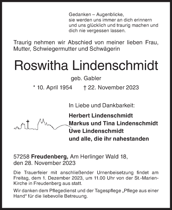 Traueranzeige von Roswitha Lindenschmidt von Siegener Zeitung