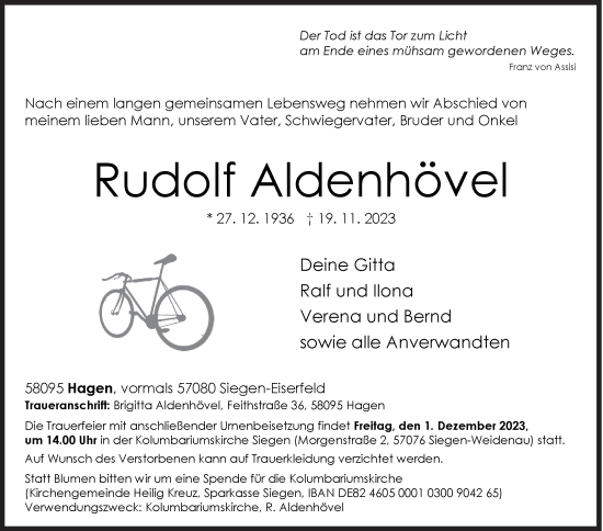Traueranzeige von Rudolf Aldenhövel von Siegener Zeitung