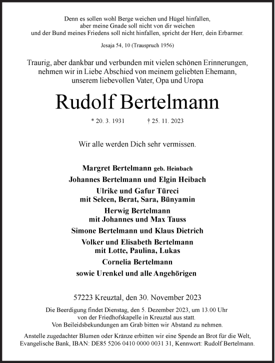 Traueranzeige von Rudolf Bertelmann von Siegener Zeitung