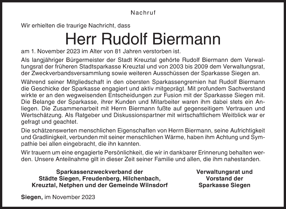  Traueranzeige für Rudolf Biermann vom 18.11.2023 aus Siegener Zeitung