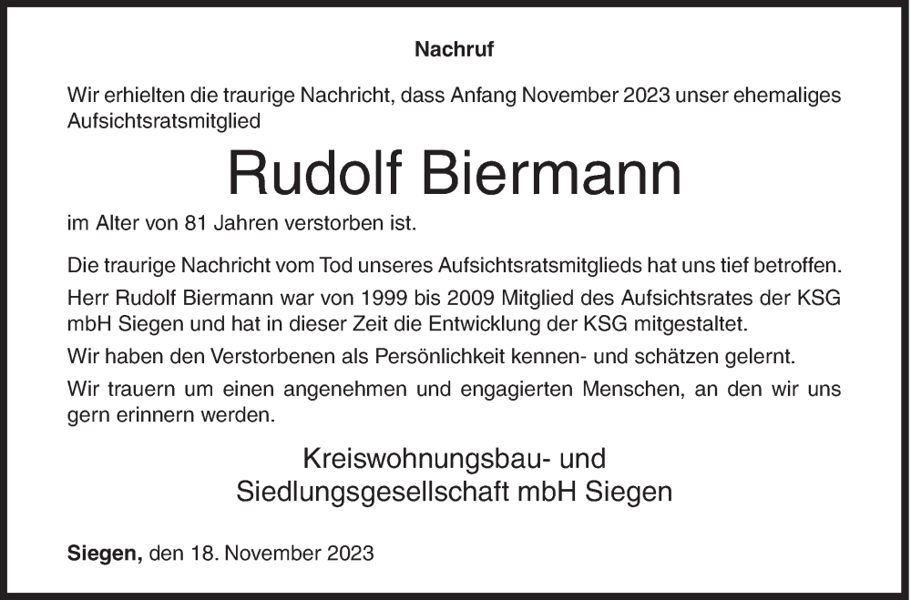  Traueranzeige für Rudolf Biermann vom 18.11.2023 aus Siegener Zeitung