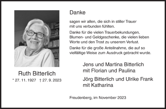 Traueranzeige von Ruth Bitterlich von Siegener Zeitung