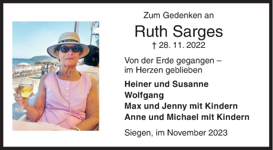 Traueranzeige von Ruth Sarges von Siegener Zeitung