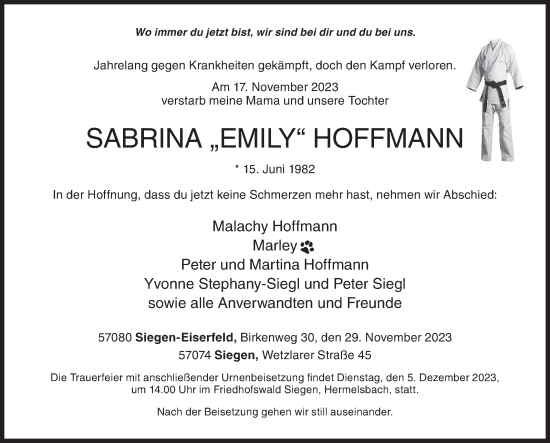 Traueranzeige von Sabrina Emily Hoffmann von Siegener Zeitung