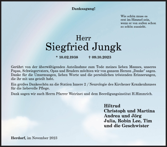 Traueranzeige von Siegfried Jungk von Siegener Zeitung