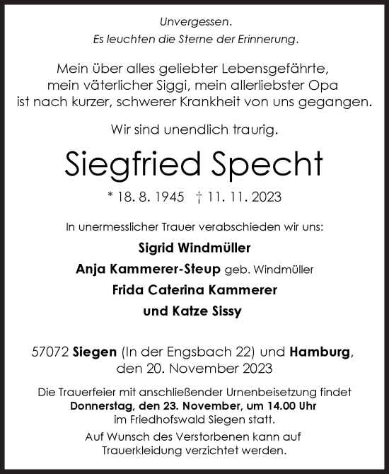 Traueranzeige von Siegfried Specht von Siegener Zeitung