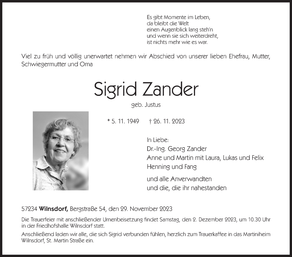  Traueranzeige für Sigrid Zander vom 29.11.2023 aus Siegener Zeitung
