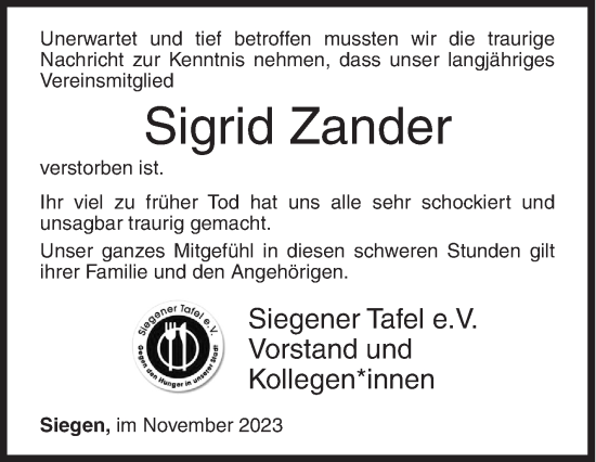 Traueranzeige von Sigrid Zander von Siegener Zeitung