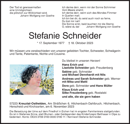 Traueranzeige von Stefanie Schneider von Siegener Zeitung