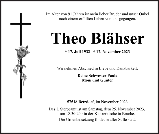 Traueranzeige von Theo Blähser von Siegener Zeitung