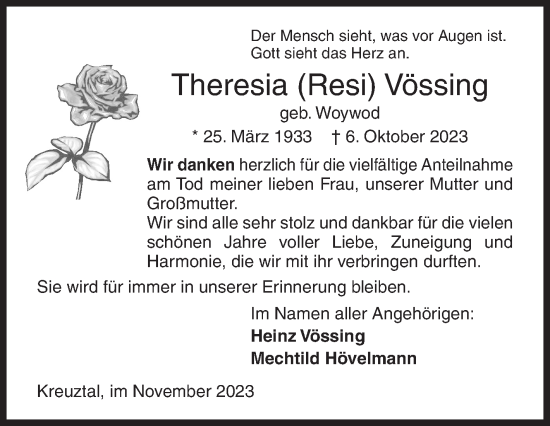 Traueranzeige von Theresia  Vössing von Siegener Zeitung