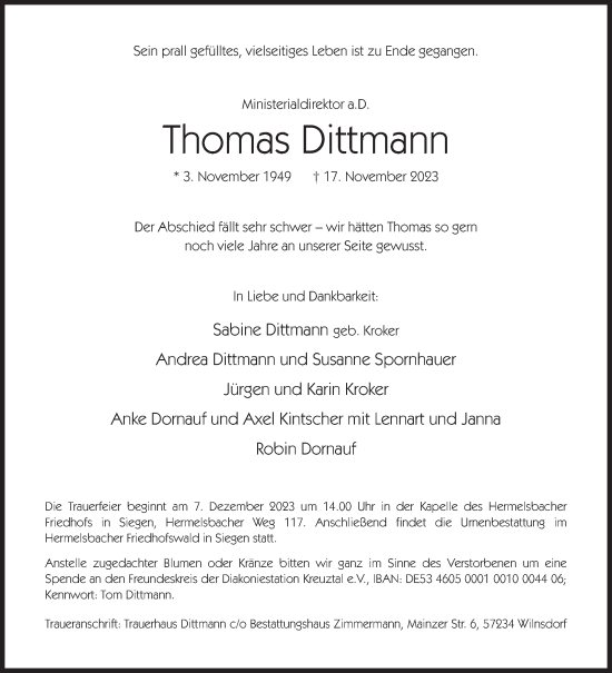 Traueranzeige von Thomas Dittmann von Siegener Zeitung