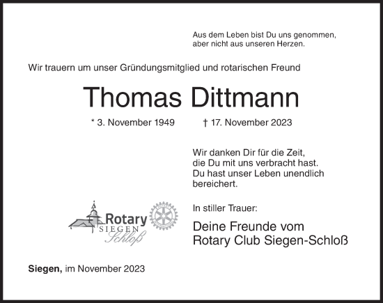 Traueranzeige von Thomas Dittmann von Siegener Zeitung