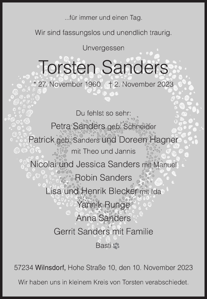  Traueranzeige für Torsten Sanders vom 10.11.2023 aus Siegener Zeitung