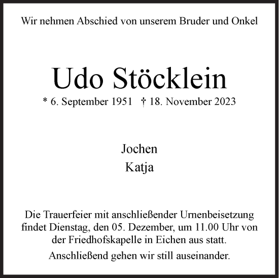 Traueranzeige von Udo Stöcklein von Siegener Zeitung